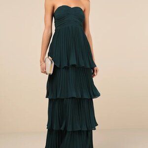 LULUS Seriously Sensational Emerald Strapless Tiered Maxi Dress NWT